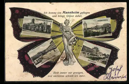 Schmetterling-AK Mannheim, Rosengarten Festhalle, Grossherzogliches Schloss, Bahnhof