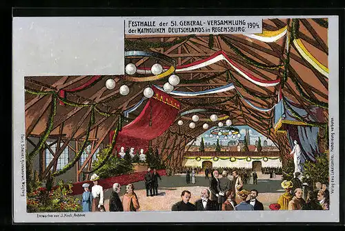 Lithographie Regensburg, Festhalle der 51. General-Versammlung der Katholiken Deutschland 1904