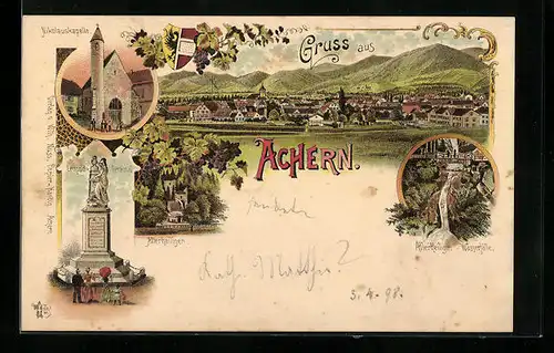 Lithographie Achern, Nikolauskapelle, Allerheiligen-Wasserfälle, Leopold-Denkmal