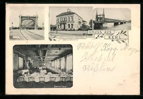 AK Kehl, Hotel zur Blume, Inneres Speise-Saal, Brücke, sehr früher Druck ca. 1893