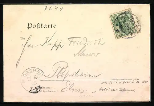 AK Kehl, Hotel zur Blume, Inneres Speise-Saal, Brücke, sehr früher Druck ca. 1893