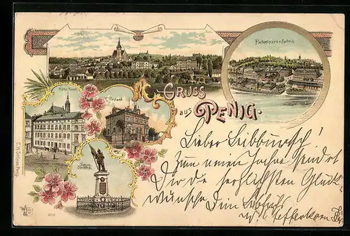 Lithographie Penig, Hotel Hirsch, Patentpapier-Fabrik, Sieges-Denkmal