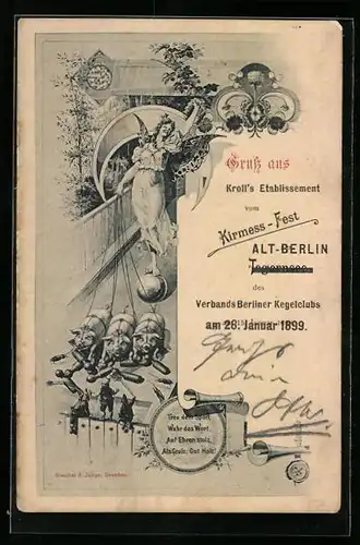 Künstler-AK Alt-Berlin, Kirmes-Fest 1899, Gasthaus Kroll, Frau mit Schmetterlingsflügeln auf Ball mit Ferkeln