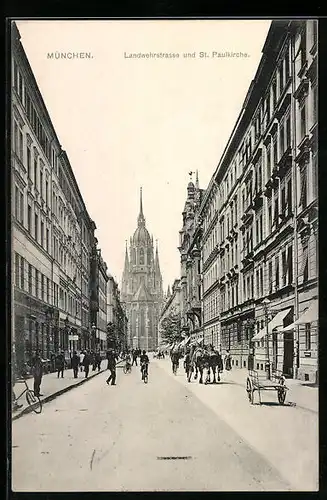 AK München, Landwehrstrasse und St. Paulkirche