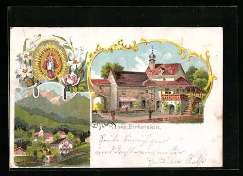 Lithographie Birkenstein, Ortspartie mit Kirche, Panorama