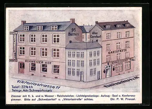 Künstler-AK Köln, Hotel Schweizer Hof von P. W. Prenzel, Viktoriastrasse 11