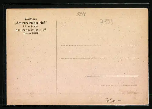 AK Karlsruhe, Gasthaus Schwarzwälder Hof, Luisenstrasse 57