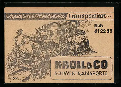 Künstler-AK Berlin, Kroll & Co., Schwertransporte, Lindenstrasse 39, Arbeiter an der Maschine