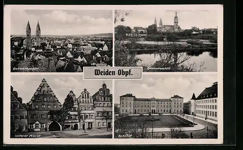AK Weiden / Opf., Gesamtansicht, Unterer Markt und Bahnhof