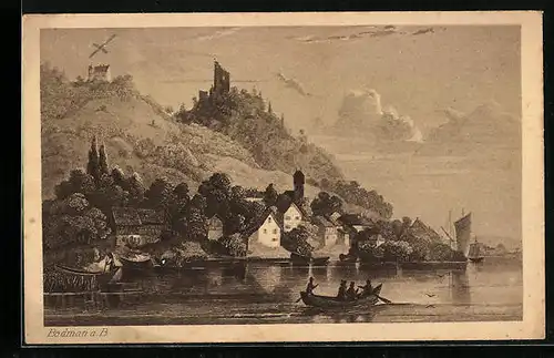 AK Bodman a. B., Ortsansicht mit Ruine der Burg und Frauenberg