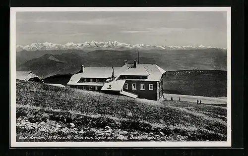 AK Belchen / Schwarzwald, Blick vom Gipfel auf Hotel Belchenhaus und die Alpen