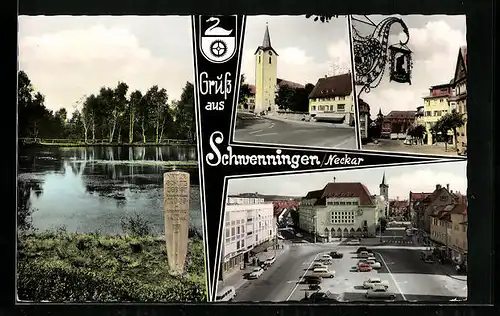AK Schwenningen / Neckar, Marktplatz mit Rathaus, Kirche, Strassenpartie und Neckarpartie