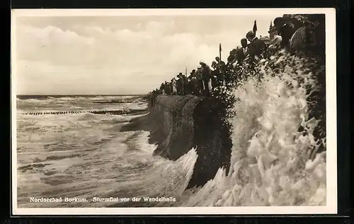 AK Borkum / Nordsee, Sturmflut vor der Wandelhalle