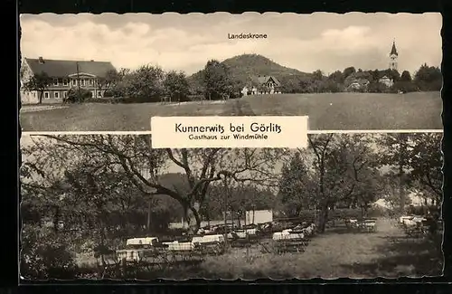 AK Kunnerwitz b. Görlitz, Gasthaus zur Windmühle, Blick zur Landeskrone