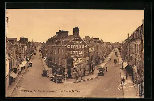 AK Flers, La Rue de Domfront et la Rue de la Gare