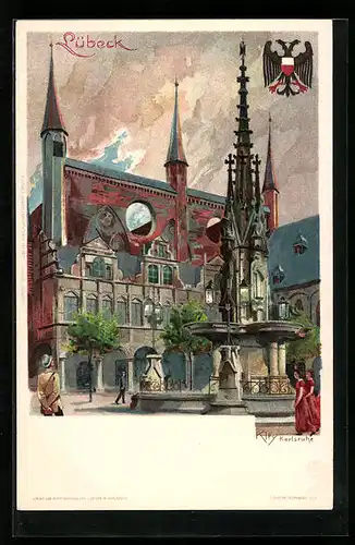 Künstler-AK Heinrich Kley: Lübeck, Ortspartie und Wappen