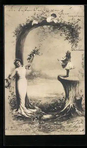 AK Junge Frau und Mädchen posieren mit Blumen vor dem Buchstaben G