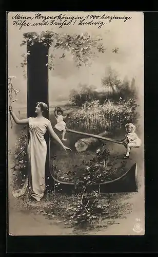 AK Spielende Kinder und junge Dame beim Buchstaben L