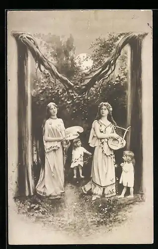 AK Junge Damen musizieren und malen beim Buchstaben M