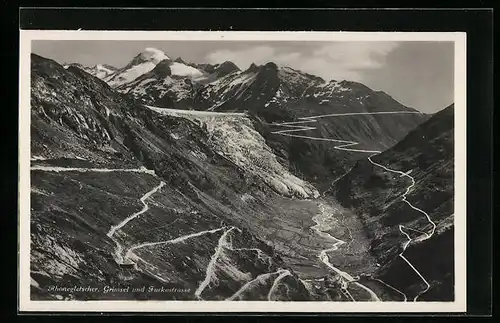 AK Rhonegletscher, Grimsel- und Furkastrasse aus der Vogelschau