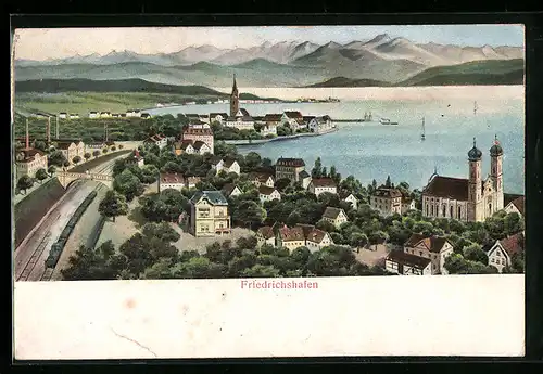 Relief-AK Friedrichshafen, Blick über das Wasser auf die Stadt und die Berge