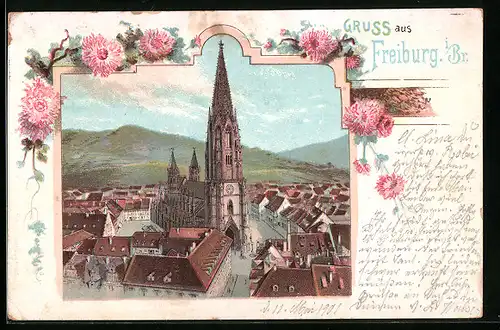 Lithographie Freiburg i. Br., Gruss mit rosafarbenen Blüten und Teilansicht