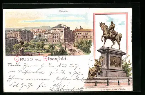 Lithographie Elberfeld, Theater und Kaiser Wilhelm I. Denkmal