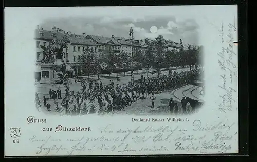 Mondschein-AK Düsseldorf, Denkmal Kaiser Wilhelm I. im Vollmondlicht