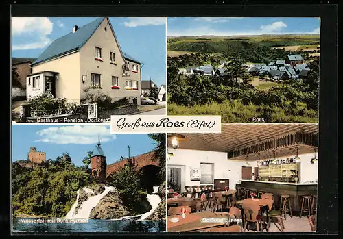 AK Roes /Eifel, Gasthaus-Pension Dorfkrug, Wasserfall mit Burg Pyrmon, Ortsansicht aus der Vogelschau