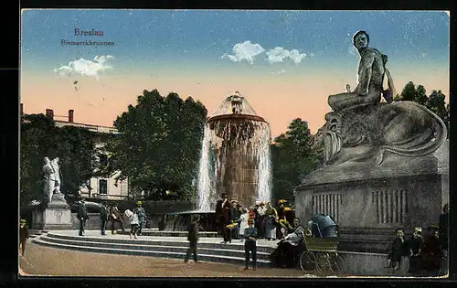 AK Breslau, Passanten am Bismarckbrunnen