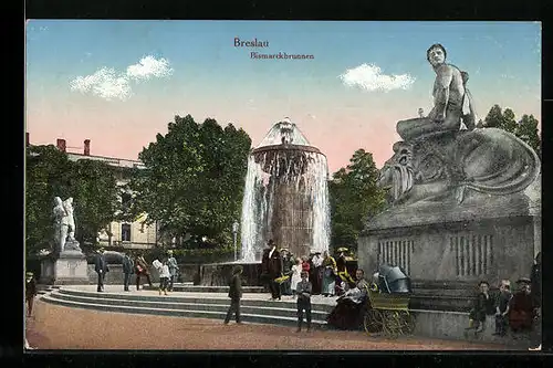 AK Breslau, Passanten am Bismarckbrunnen