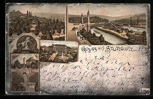 Vorläufer-Lithographie Stuttgart, 1895, König-Karl`s-Brücke, Bopser, Hofer`s Pferd, Polytechnikum