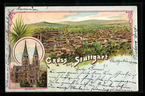 Lithographie Stuttgart, Marienkirche, Ortsansicht aus der Vogelschau