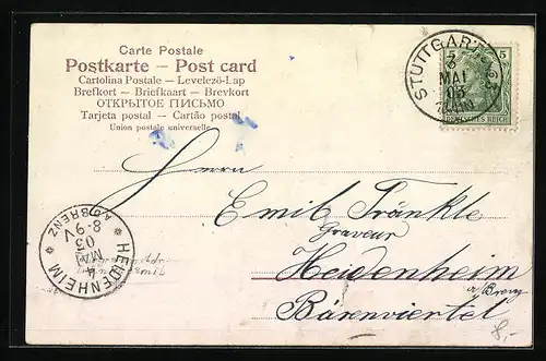 Lithographie Stuttgart, Marienkirche, Ortsansicht aus der Vogelschau