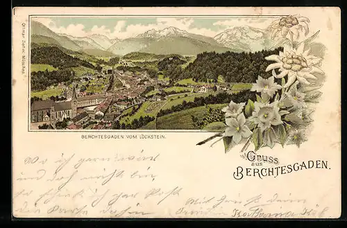Lithographie Berchtesgaden, Ortsansicht vom Lockstein aus, Blumen