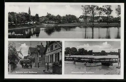 AK Greffern, Schule und Rathaus, Rheinbrücke, Uferpartie