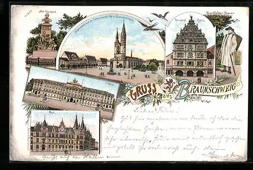 Lithographie Braunschweig, Abt-Denkmal, Hagenmarkt m. St. Catharinenkirche u. Löwenbrunnen, Gewandhaus, Bordfelder Bauer
