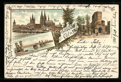 Vorläufer-Lithographie Cöln a. Rh., 1894, Severinsthor, Eisenbahnbrücke, Ortsansicht von Deutz aus