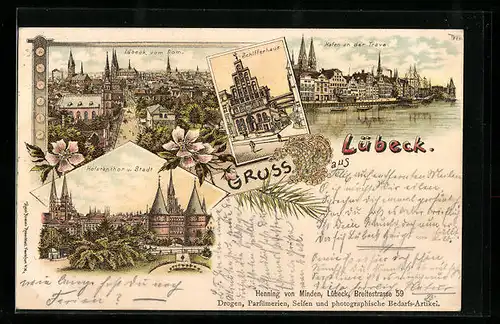Lithographie Lübeck, Holstenthor, Schifferhaus, Hafen a. d. Trave, Ortsansicht vom Dom aus