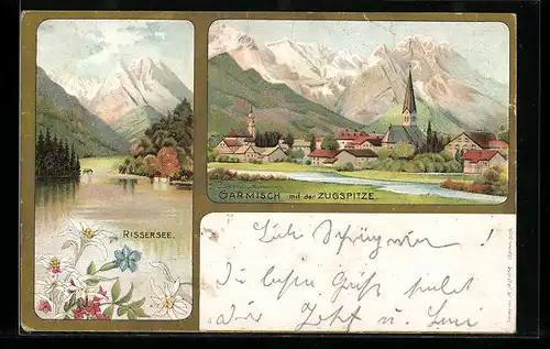 Lithographie Garmisch, Ortsansicht mit Zugspitze, Rissersee