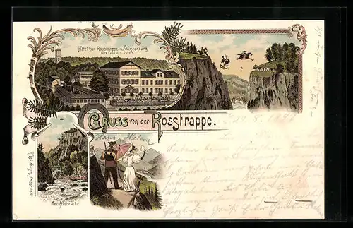 Lithographie Thale, Hotel zur Rosstrappe m. Winzenburg, Teufelsbrücke, Pferdesprung über Klippe, Wanderer