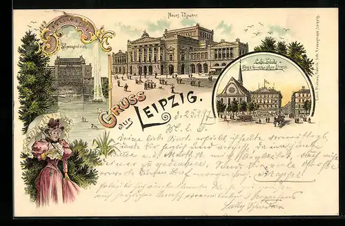 Lithographie Leipzig, Schwanenteich, Neues Theater, Café Felsche u. Eing. z. Grimmaischen Strasse