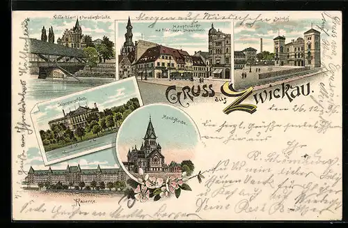 Lithographie Zwickau, Villa Ebert & Paradiesbrücke, Schwanenschloss, Moritzkirche, Kaserne, Bahnhof