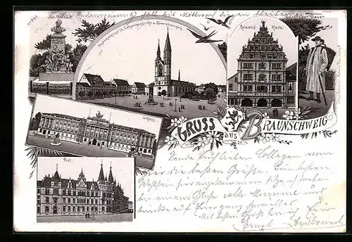 Lithographie Braunschweig, Abt-Denkmal, Gewandhaus, Hagenmarkt m. St. Catharinenkirche u. Löwenbrunnen, Bordfelder Bauer