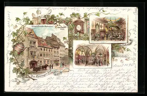 Lithographie Leipzig, Thüringer Hof, Marmorbild der Mutter Grimpe, Alte Wolfsschlacht, Lutherstube