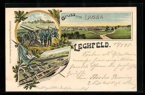 Lithographie Lechfeld, Blick auf das Lager, Barackenlager, Artillerie