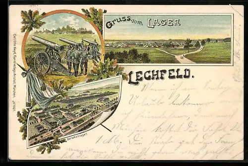 Lithographie Lechfeld, Blick auf das Lager, Barackenlager, Artillerie