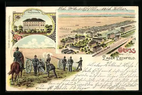 Lithographie Lechfeld, Lager aus der Vogelschau, Platzkommando, Artillerie