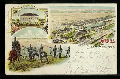 Lithographie Lechfeld, Lager aus der Vogelschau, Platzkommando, Artillerie