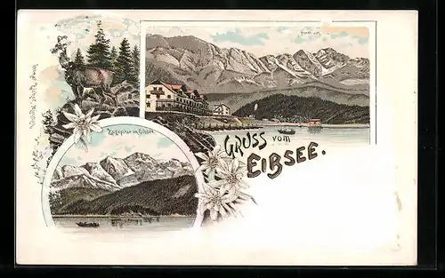 Lithographie Eibsee, Uferpartie, Zugspitze am Eibsee, Ziegenbock